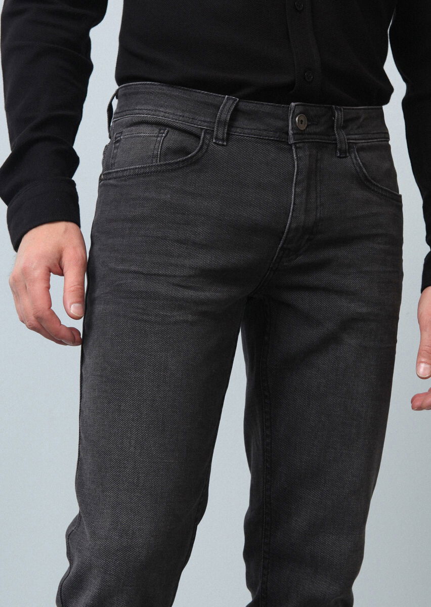 Antrasit Düz Slim Fit Denim Pamuk Karışımlı Pantolon - 2