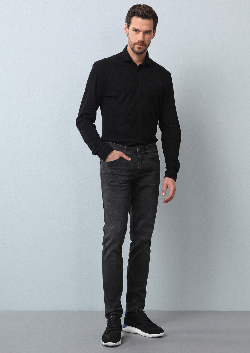 Antrasit Düz Slim Fit Denim Pamuk Karışımlı Pantolon - 4