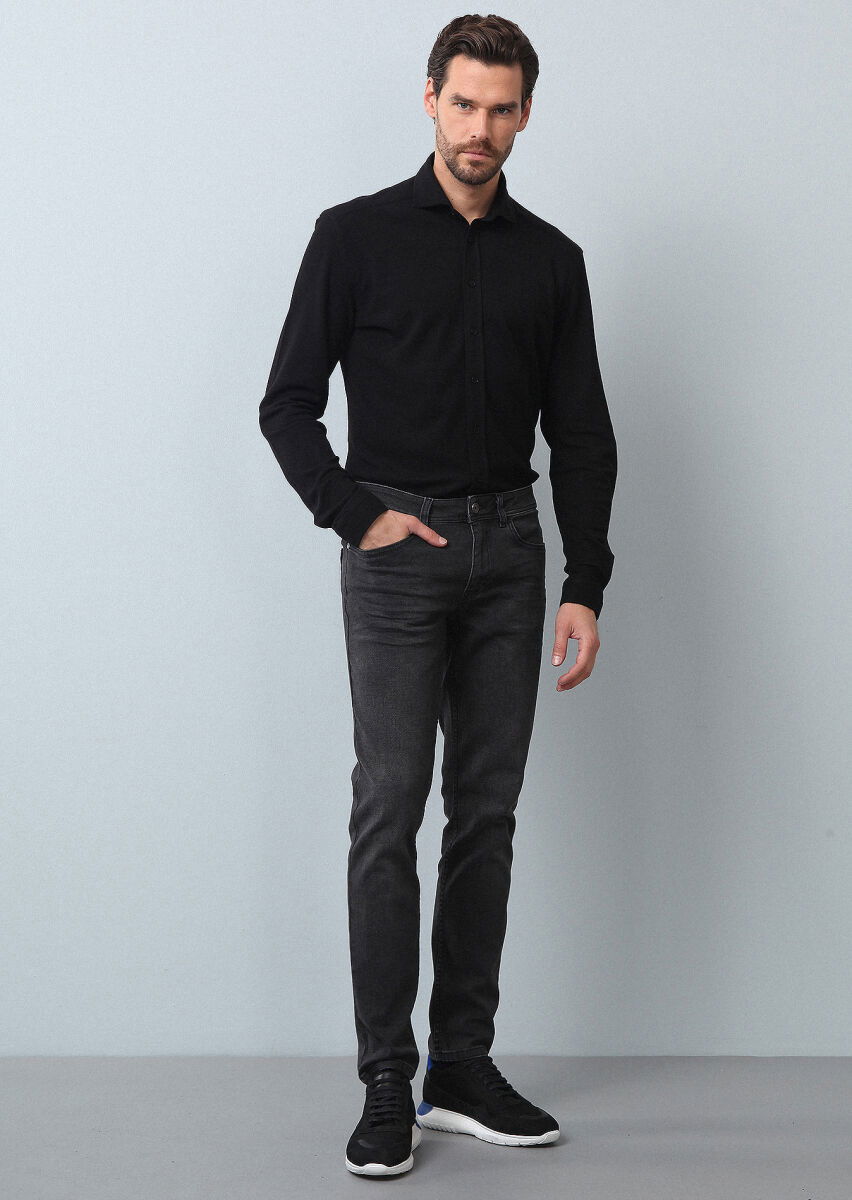 Antrasit Düz Slim Fit Denim Pamuk Karışımlı Pantolon - 4