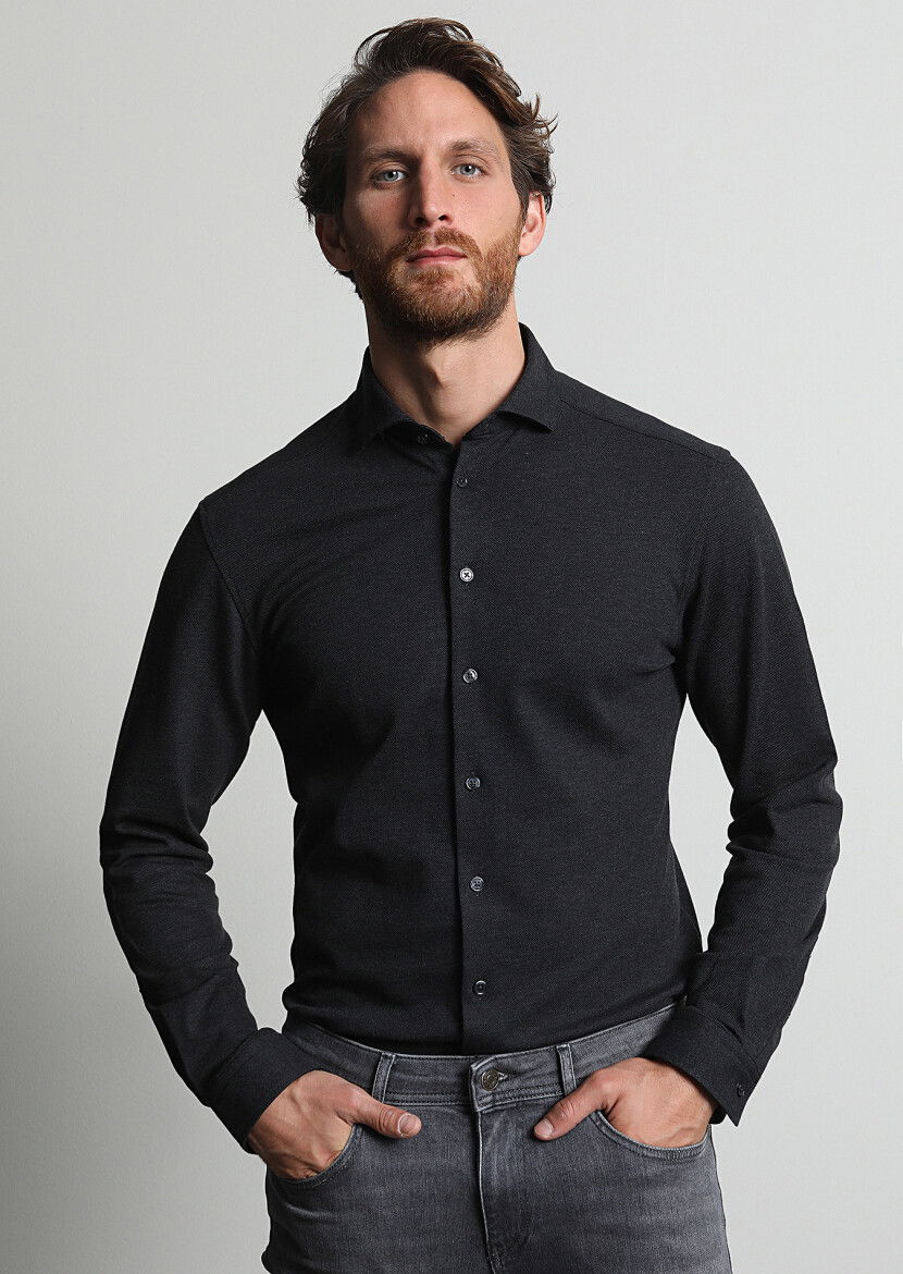 Antrasit Fitted Fit Casual %100 Pamuk Gömlek - 2