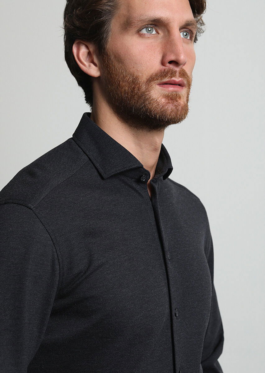 Antrasit Fitted Fit Casual %100 Pamuk Gömlek - 3