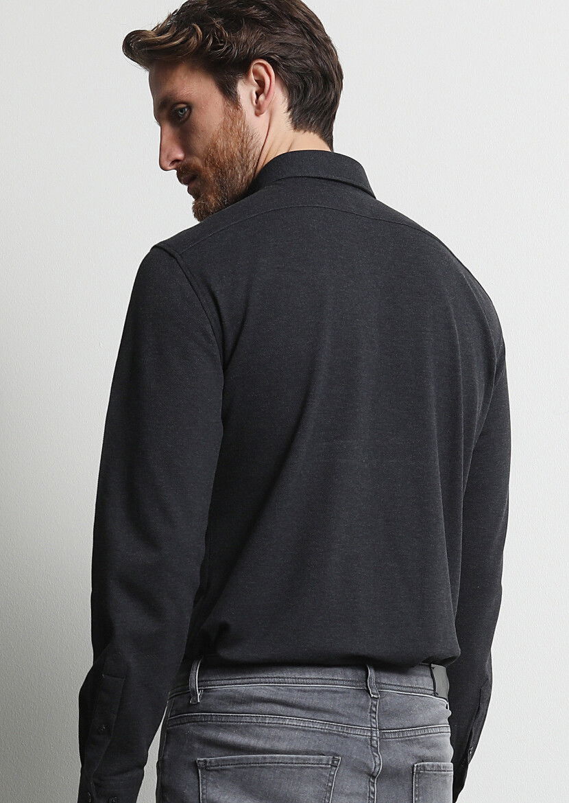 Antrasit Fitted Fit Casual %100 Pamuk Gömlek - 5