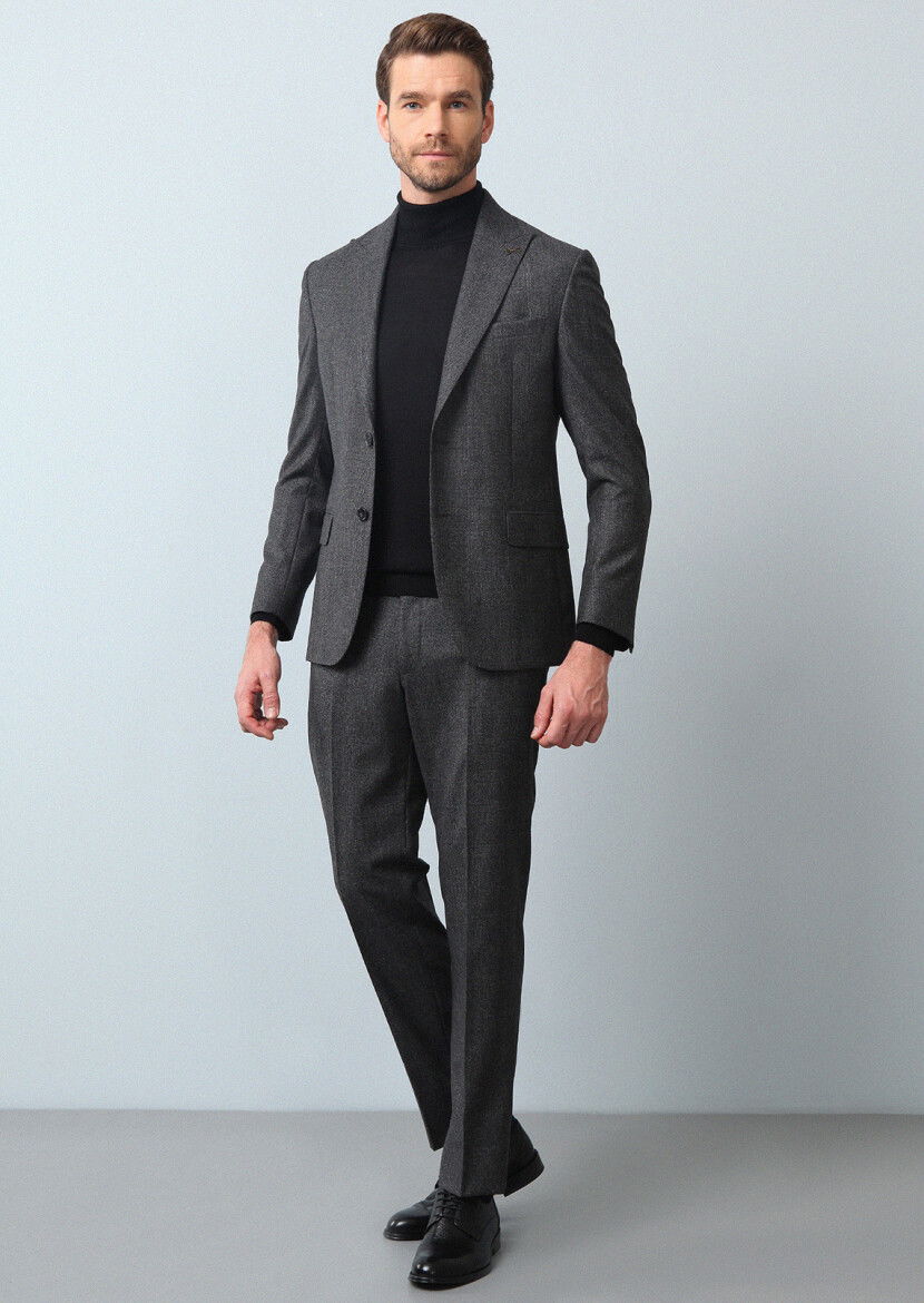 Antrasit Kareli Zeroweight Slim Fit %100 Yün Takım Elbise - 2