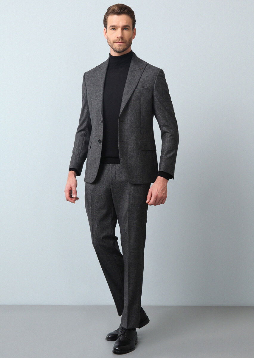 Antrasit Kareli Zeroweight Slim Fit %100 Yün Takım Elbise - 2