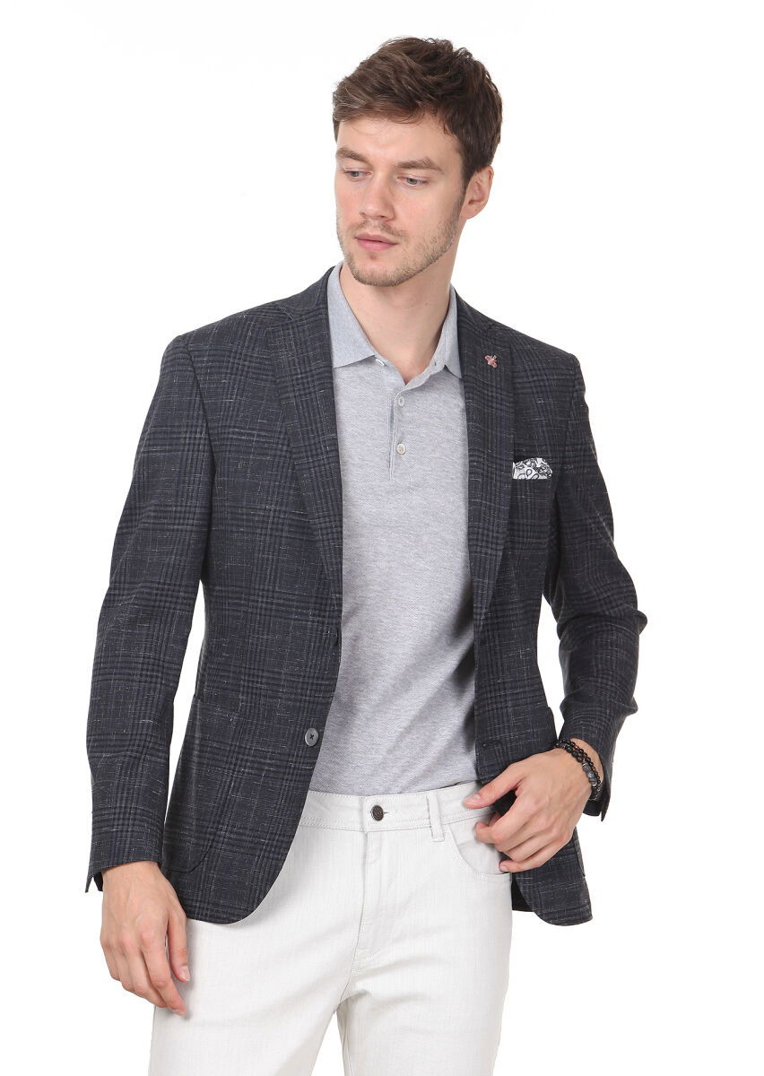 Antrasit Kareli Zeroweight Slim Fit Yün Karışımlı Ceket - 1