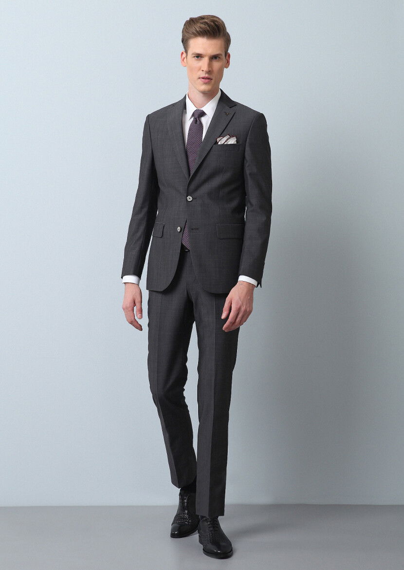 Antrasit Mikro Modern Fit %100 Yün Takım Elbise - 2