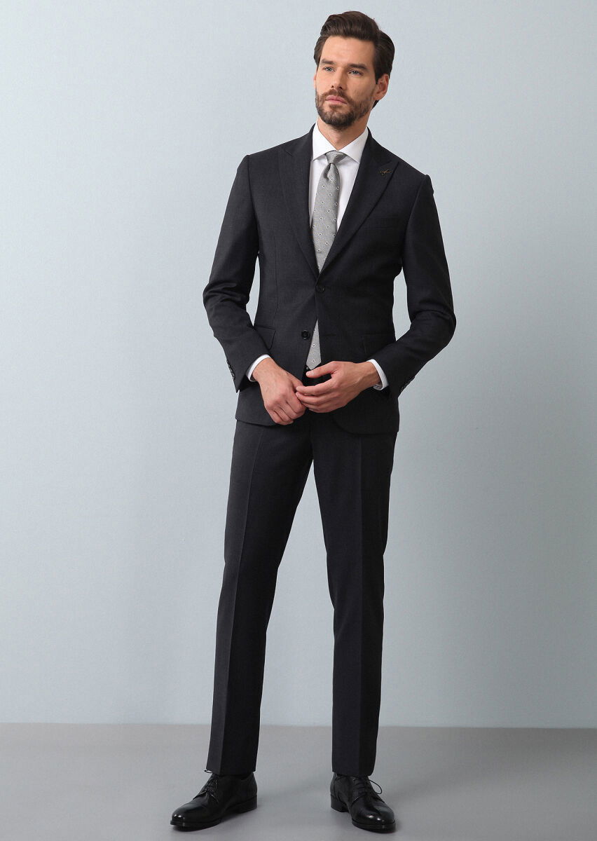 Antrasit Mikro Zeroweight Slim Fit %100 Yün Takım Elbise - 1
