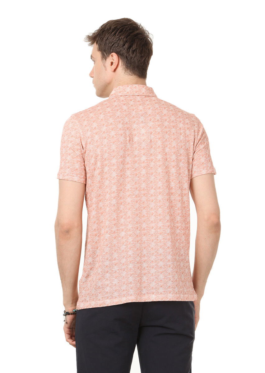 Bakır Baskılı Polo Yaka Keten Karışımlı T-Shirt - 4