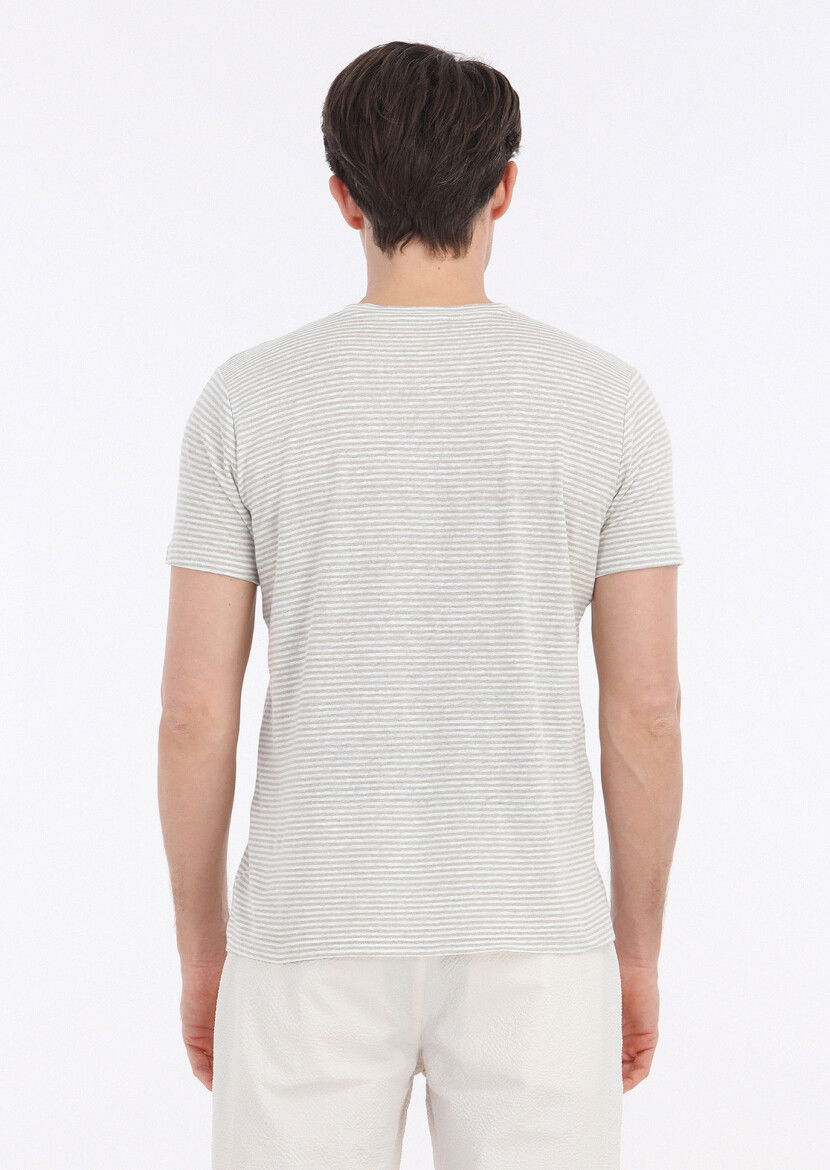 Beige Striped Crew Neck 100% Linen T-Shirt - 5
