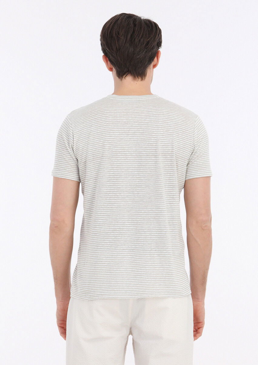 Beige Striped Crew Neck 100% Linen T-Shirt - 5