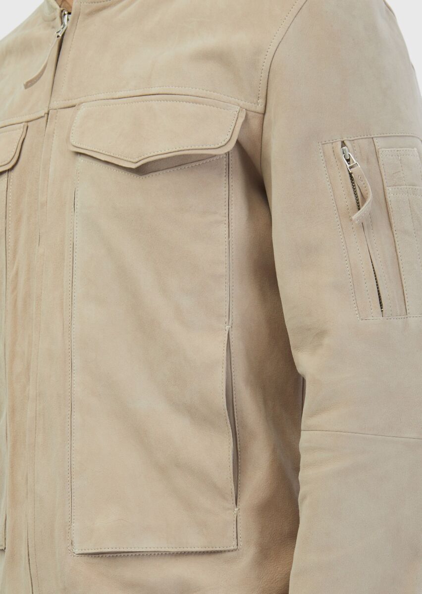 Beige Suede Leather Coat - 5
