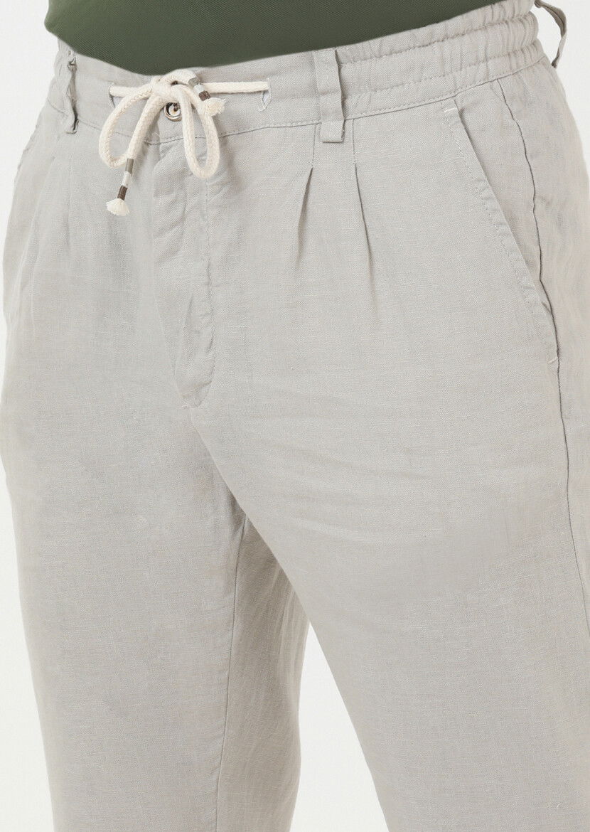 Beige Weaving Casual 100% Linen Trousers 