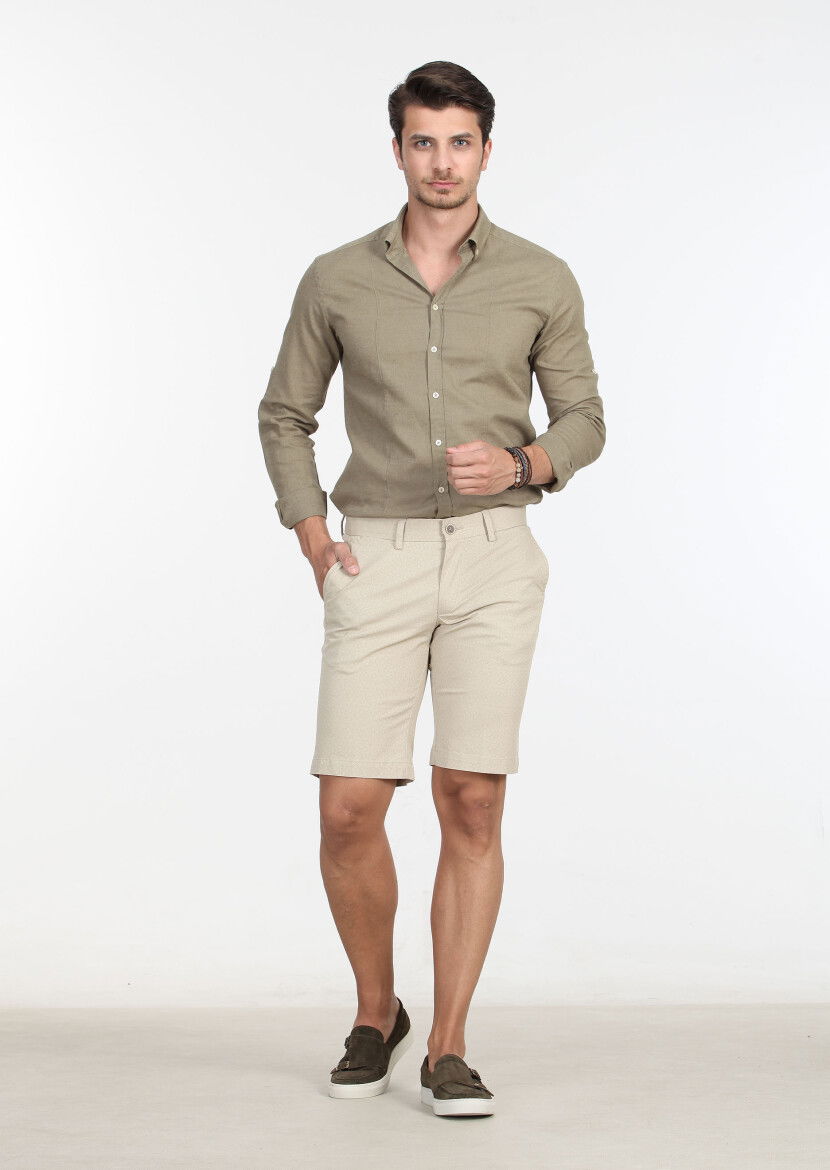 Beige Weaving Regular Fit Casual Cotton Blended Bermuda 
