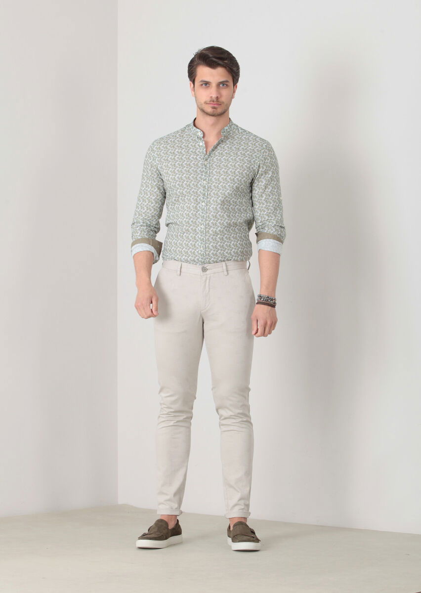 Beige Weaving Slim Fit Casual Cotton Blended Trousers - 2