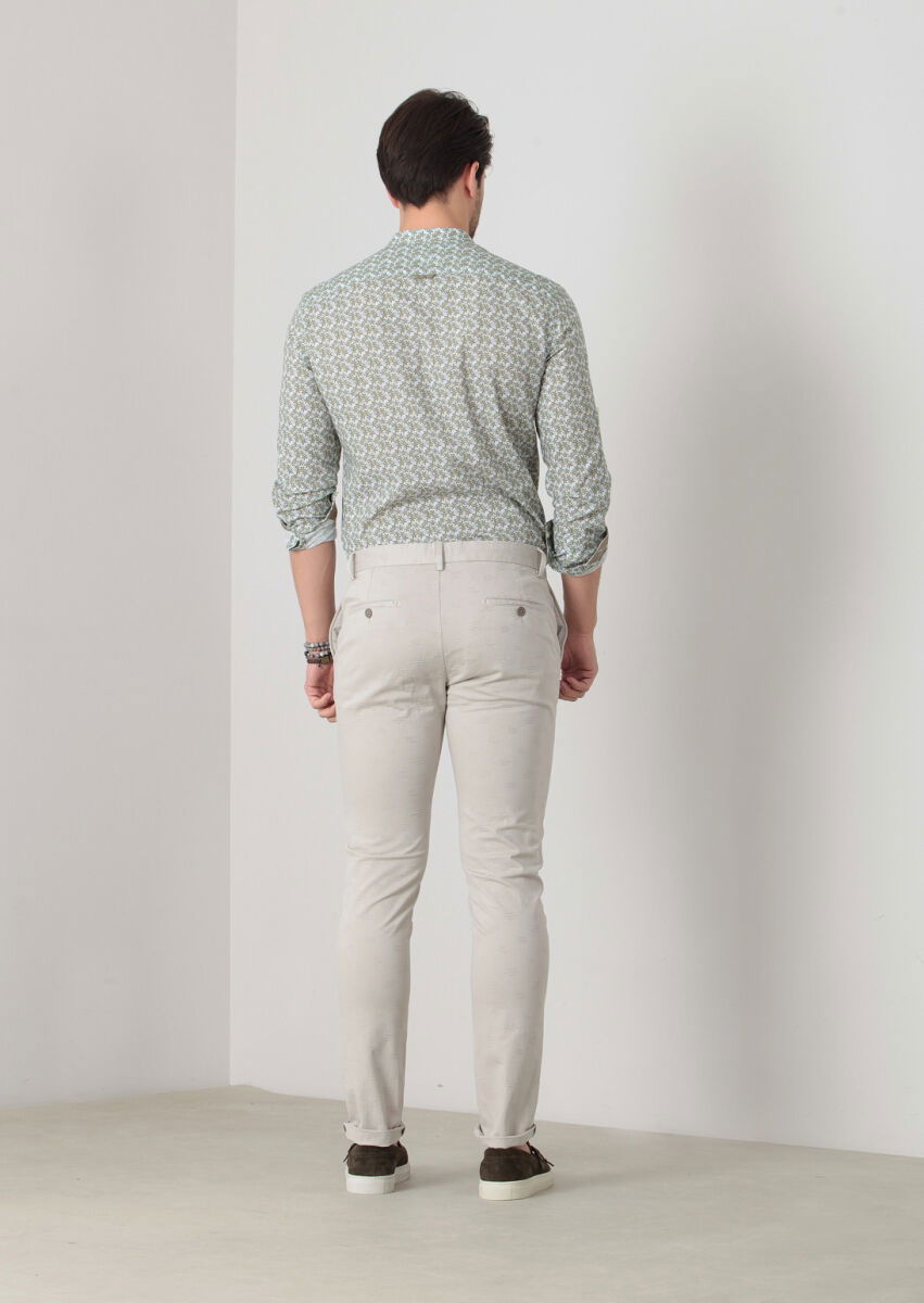 Beige Weaving Slim Fit Casual Cotton Blended Trousers - 4