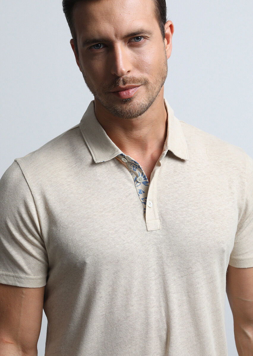Bej Baskılı Polo Yaka Pamuk Karışımlı T-Shirt - 2