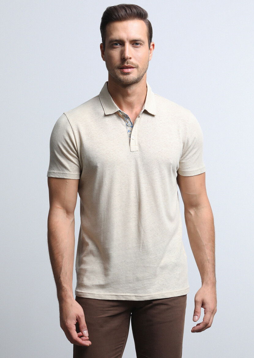 Bej Baskılı Polo Yaka Pamuk Karışımlı T-Shirt - 3