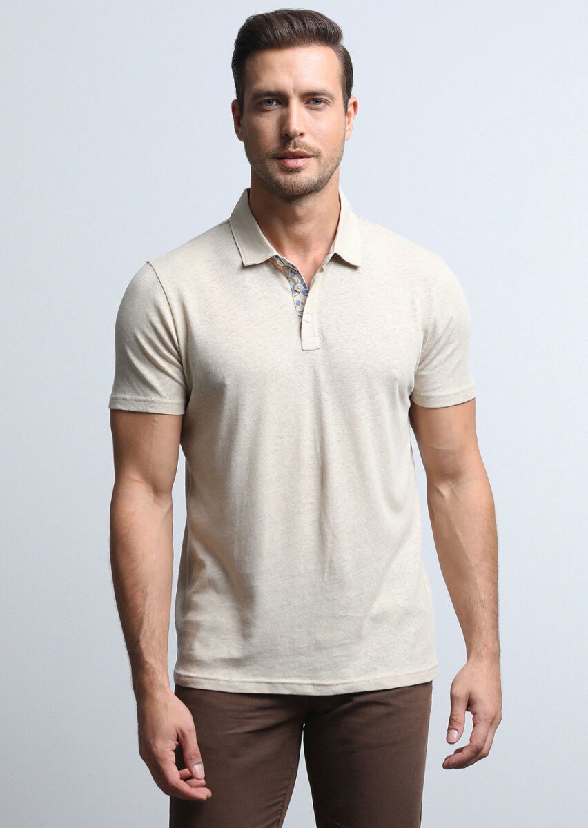Bej Baskılı Polo Yaka Pamuk Karışımlı T-Shirt - 3