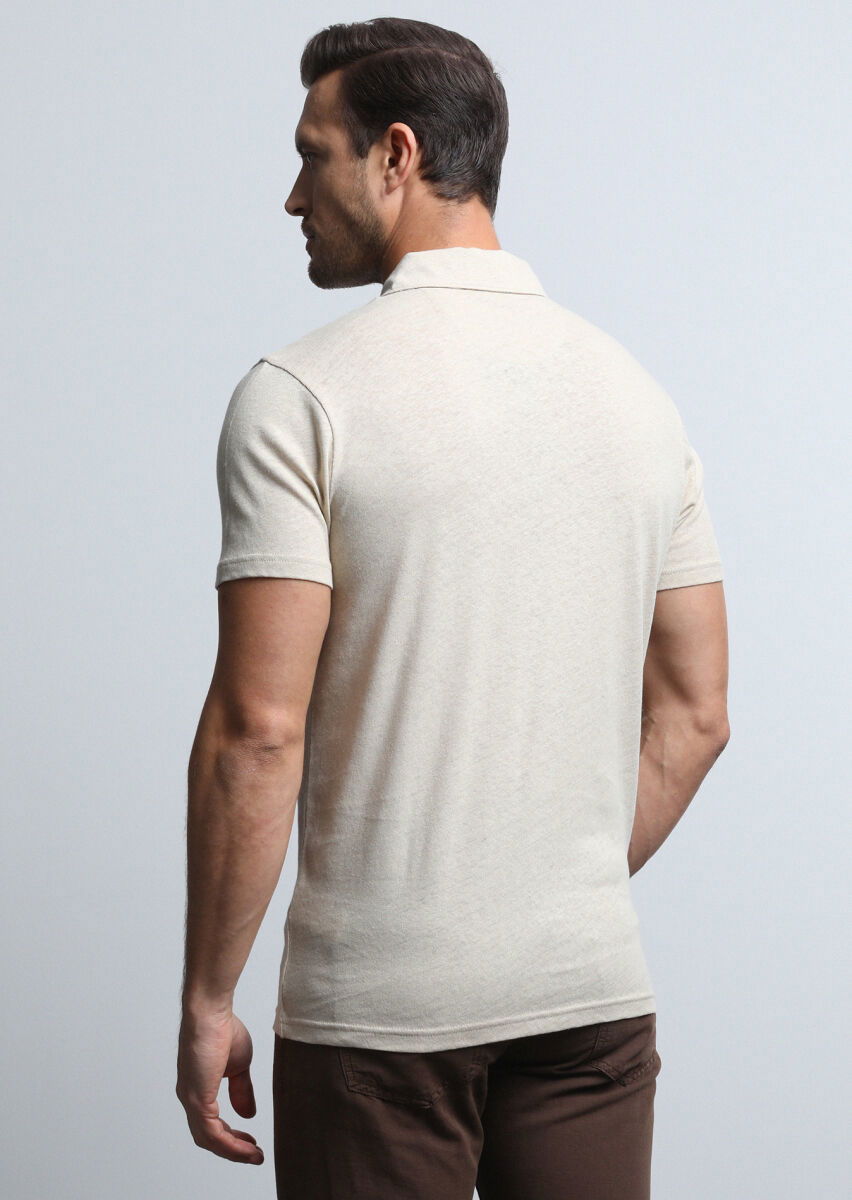 Bej Baskılı Polo Yaka Pamuk Karışımlı T-Shirt - 5