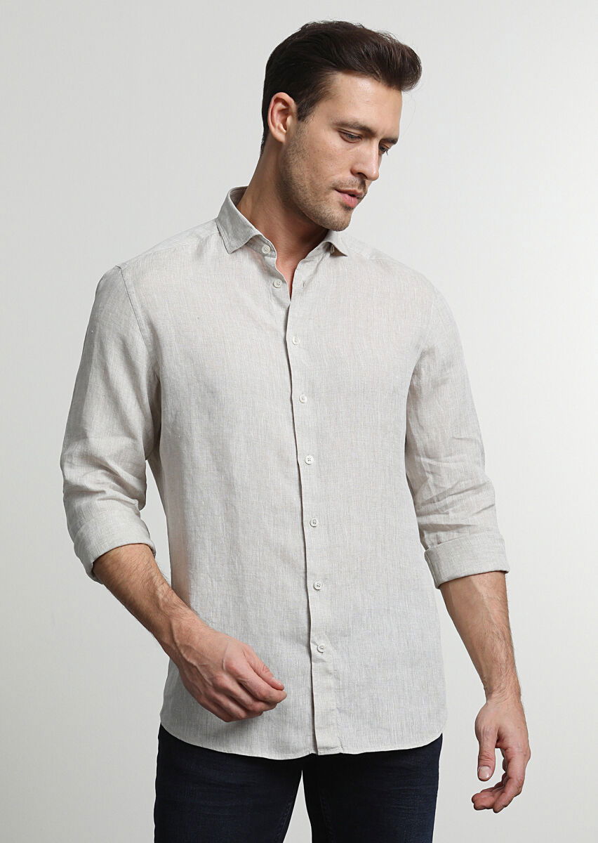Bej Baskılı Slim Fit Dokuma Casual %100 Keten Gömlek - 3