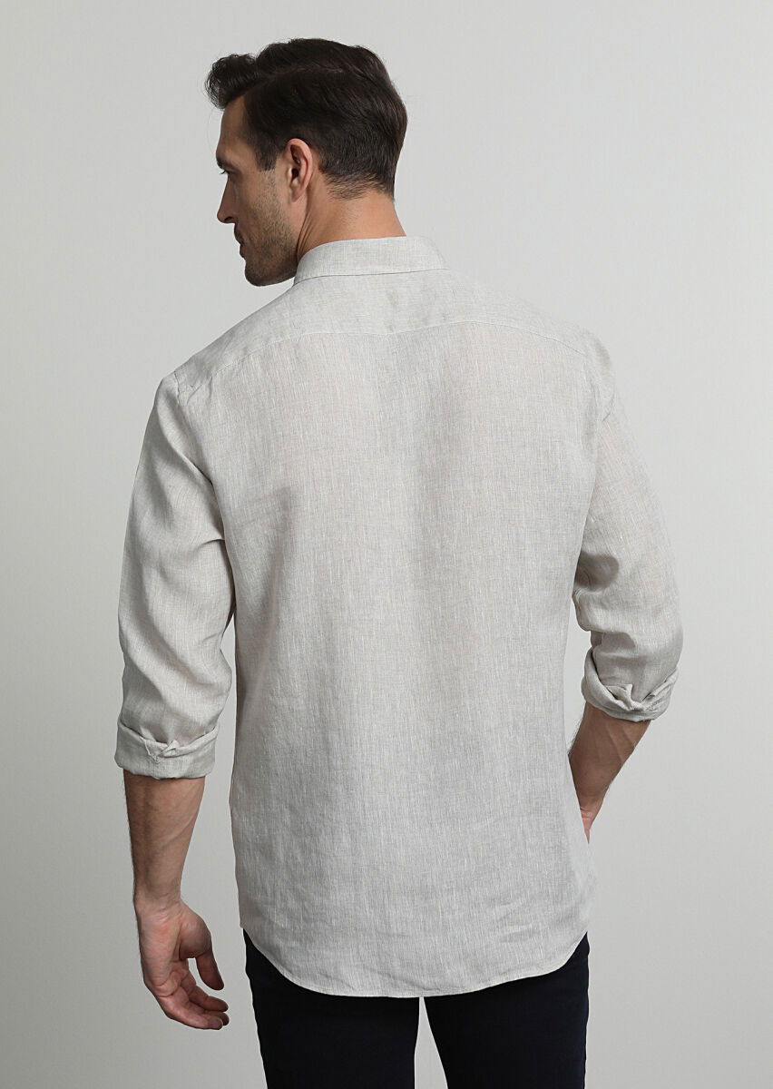 Bej Baskılı Slim Fit Dokuma Casual %100 Keten Gömlek - 4