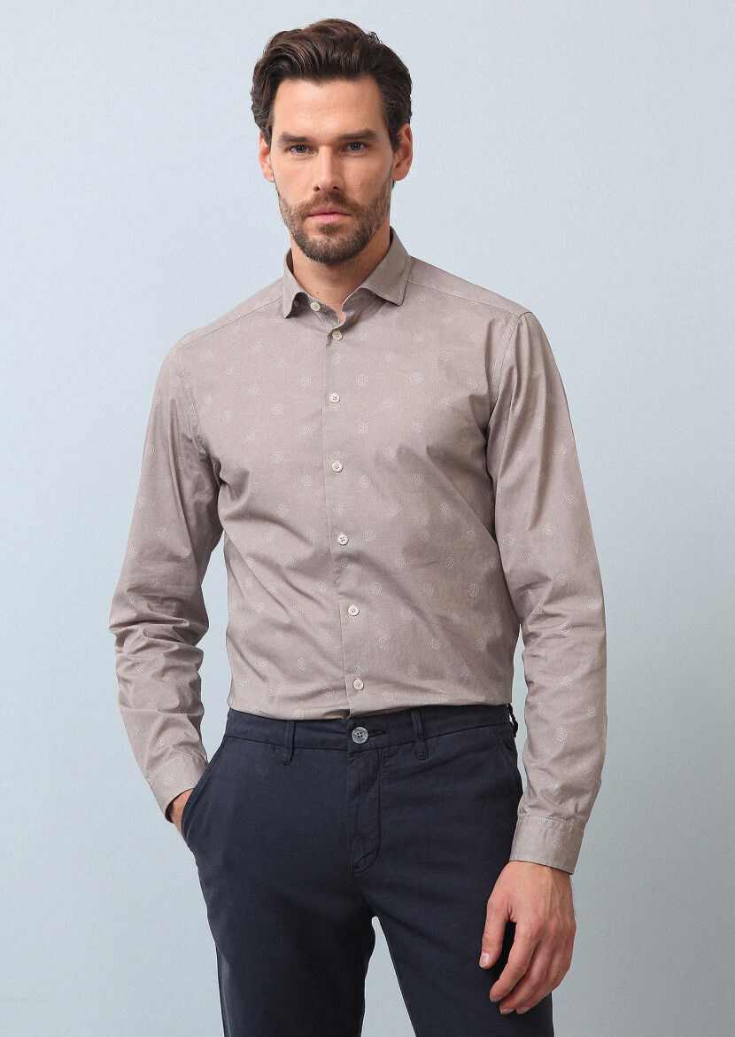 Bej Baskılı Slim Fit Dokuma Casual %100 Pamuk Gömlek 