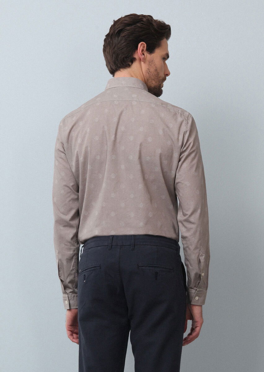 Bej Baskılı Slim Fit Dokuma Casual %100 Pamuk Gömlek - 5