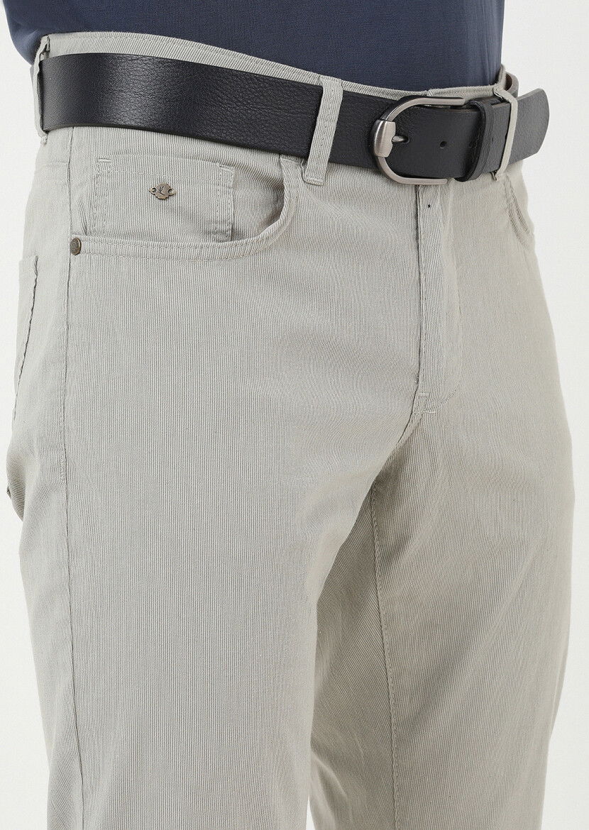Bej Çizgili Dokuma Slim Fit Casual Pamuk Karışımlı Pantolon 