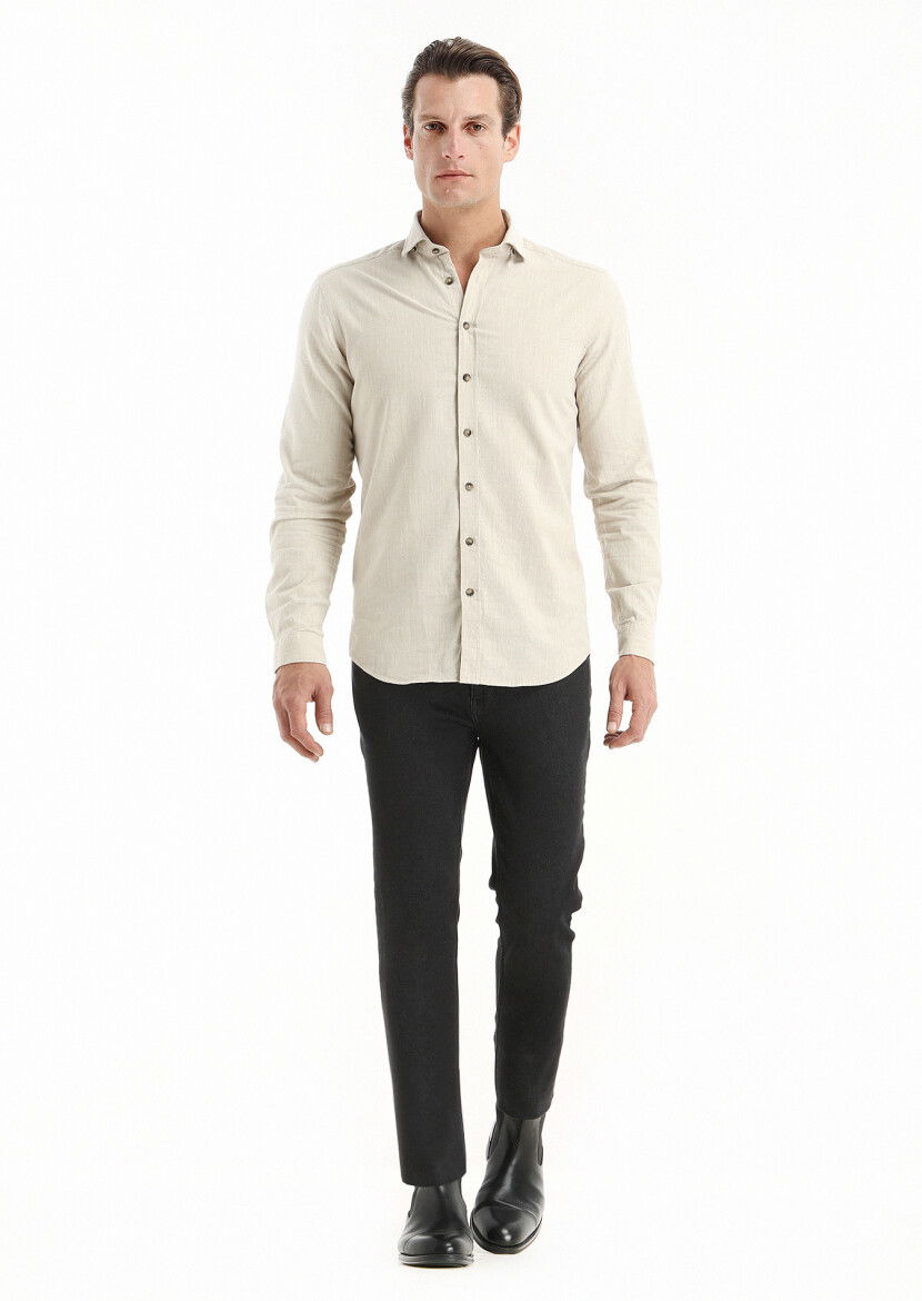 Bej Çizgili Regular Fit Dokuma Casual %100 Pamuk Gömlek - 1