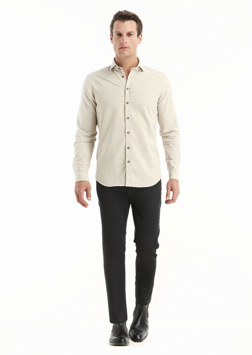Bej Çizgili Regular Fit Dokuma Casual %100 Pamuk Gömlek - 1