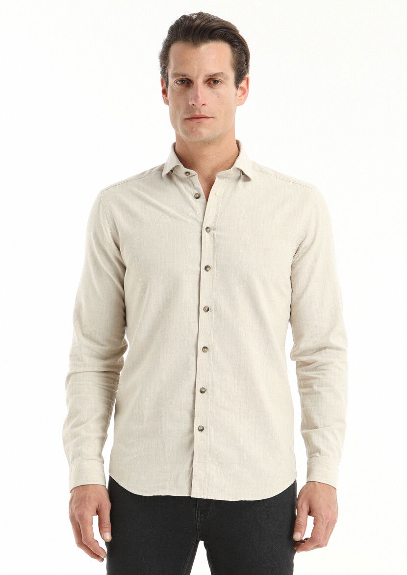 Bej Çizgili Regular Fit Dokuma Casual %100 Pamuk Gömlek - 2