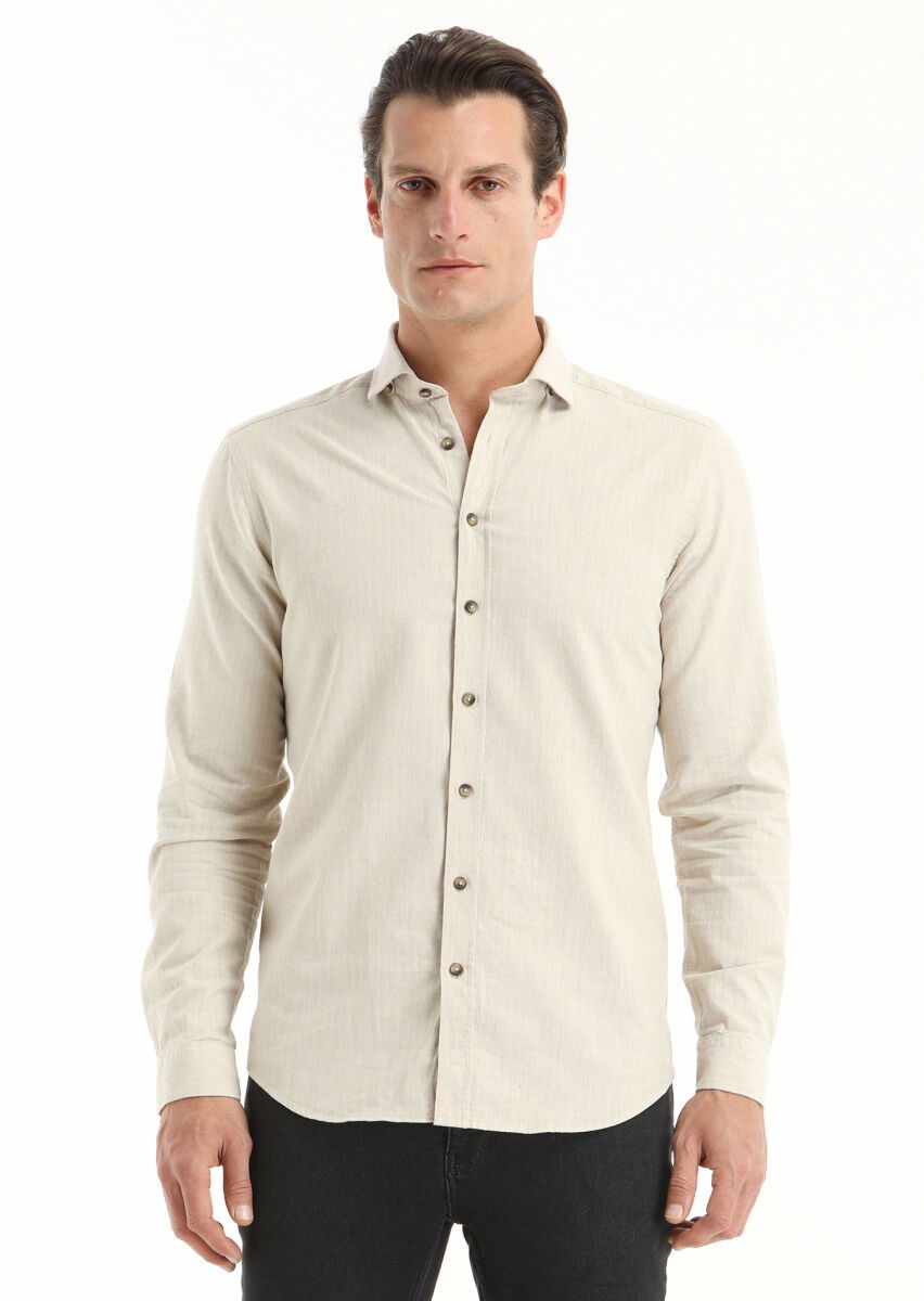 Bej Çizgili Regular Fit Dokuma Casual %100 Pamuk Gömlek - 2