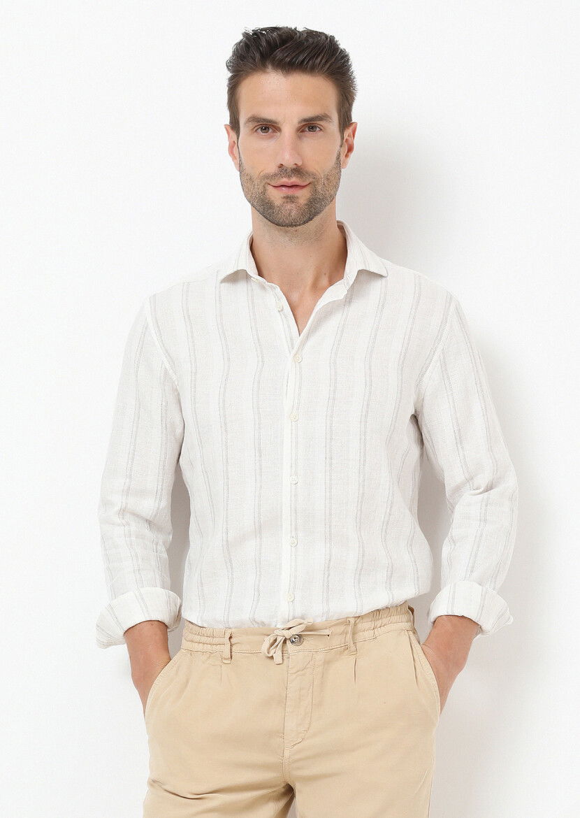Bej Çizgili Regular Fit Dokuma Casual Pamuk Karışımlı Gömlek - 1