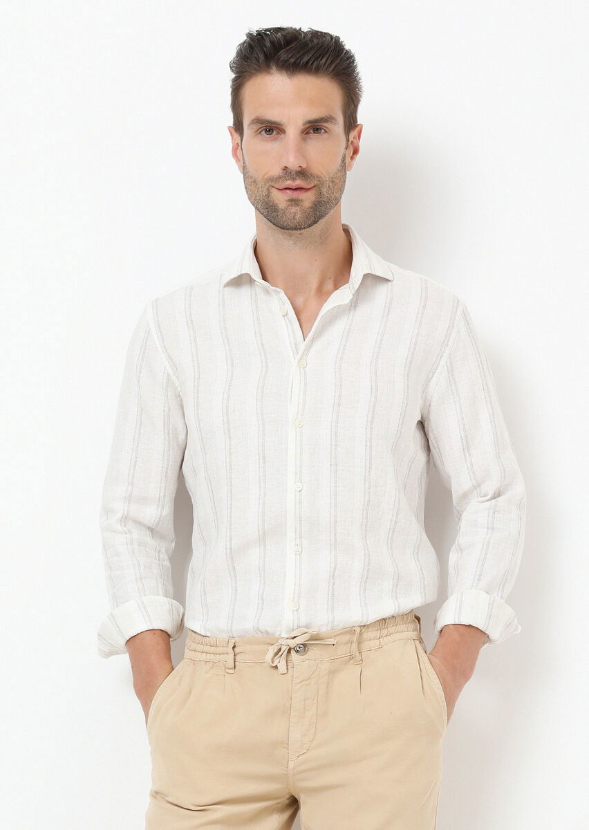 Bej Çizgili Regular Fit Dokuma Casual Pamuk Karışımlı Gömlek - 1