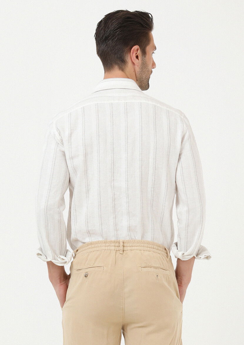 Bej Çizgili Regular Fit Dokuma Casual Pamuk Karışımlı Gömlek - 4