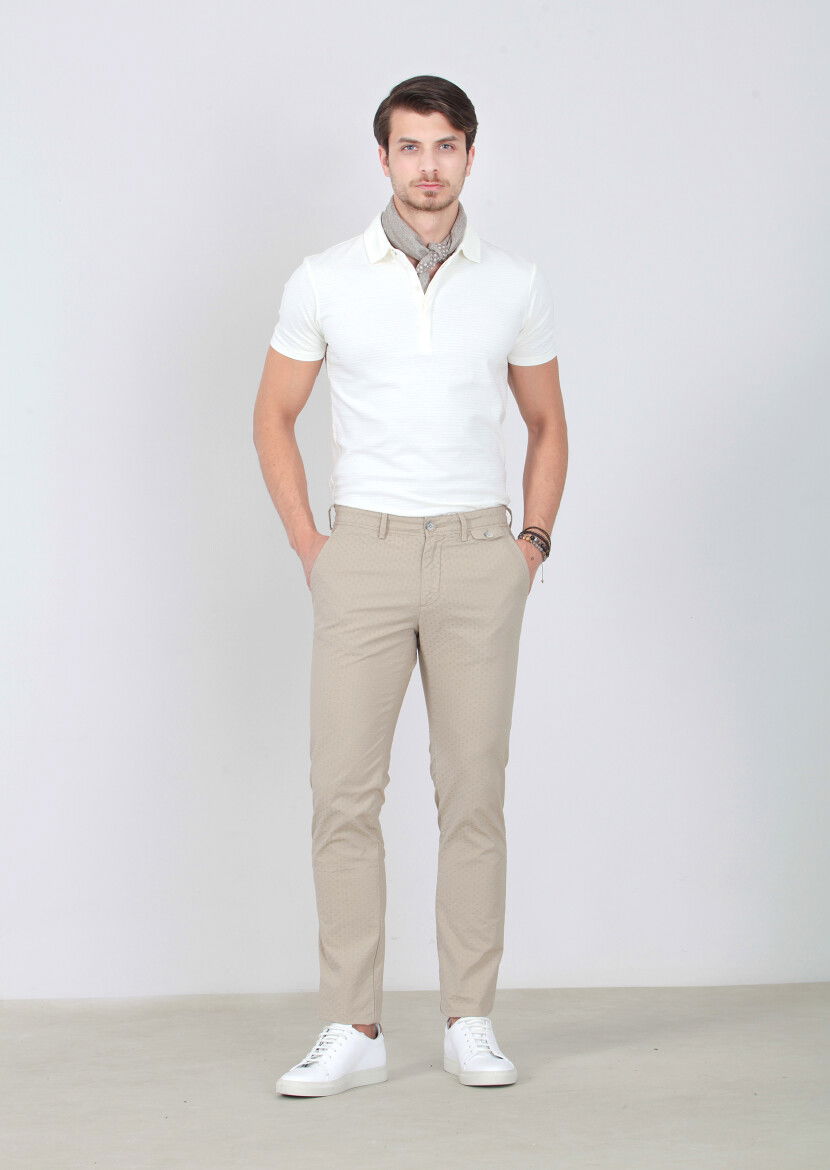 Bej Desenli Dokuma Regular Fit Casual Pamuk Karışımlı Pantolon 