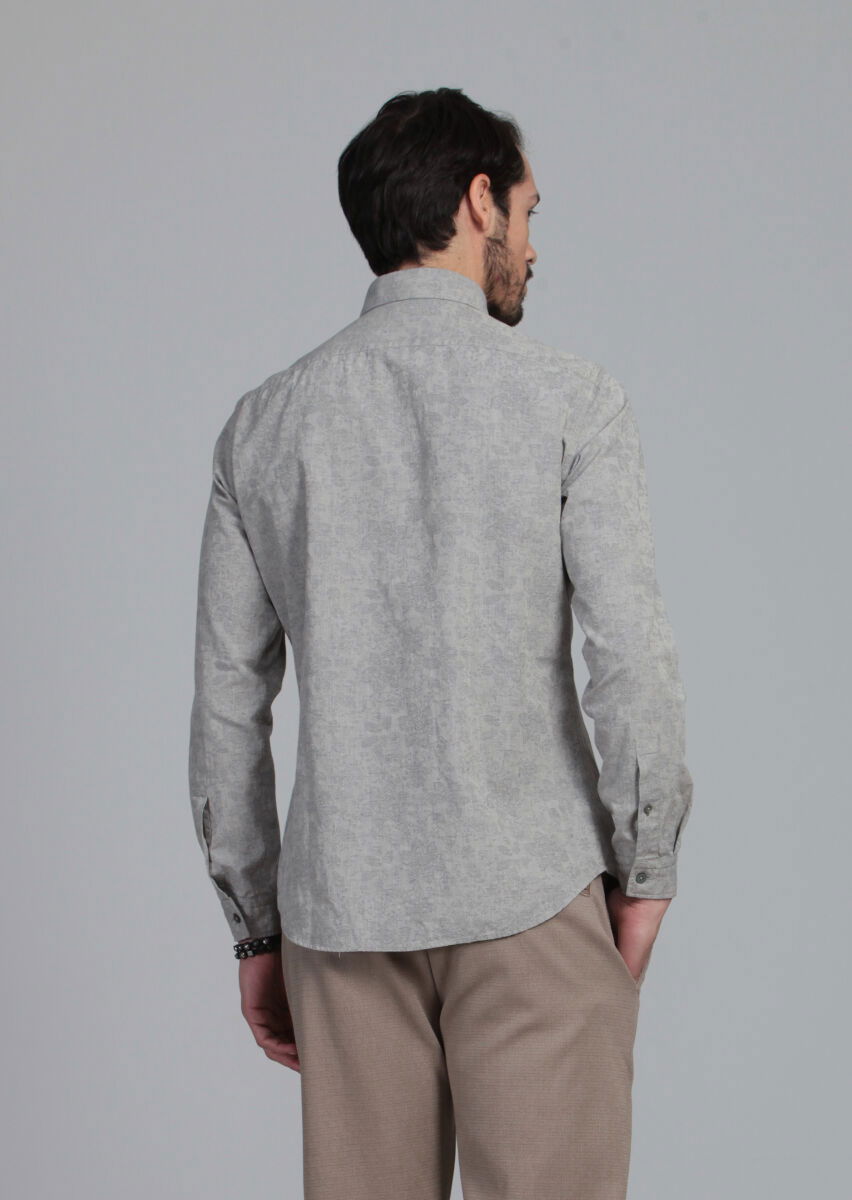 Bej Desenli Slim Fit Dokuma Casual %100 Pamuk Gömlek - 5