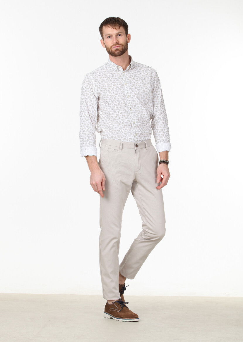Bej Dokuma Regular Fit Casual Pamuk Karışımlı Pantolon 