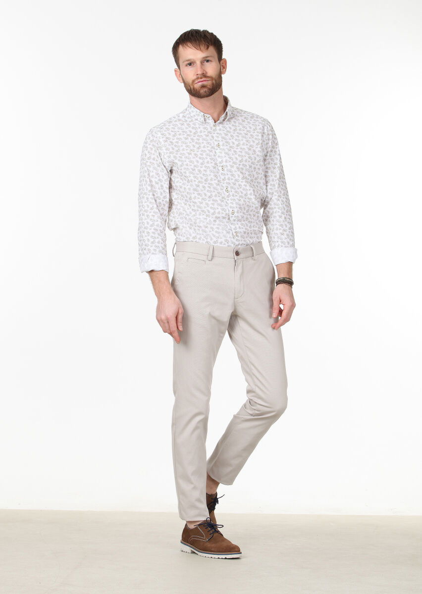 Bej Dokuma Regular Fit Casual Pamuk Karışımlı Pantolon - 1