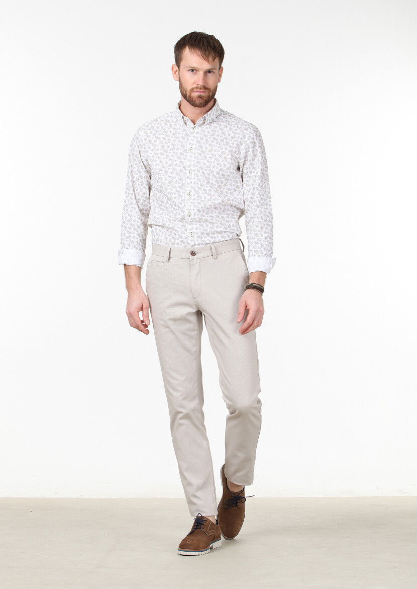 Bej Dokuma Regular Fit Casual Pamuk Karışımlı Pantolon 