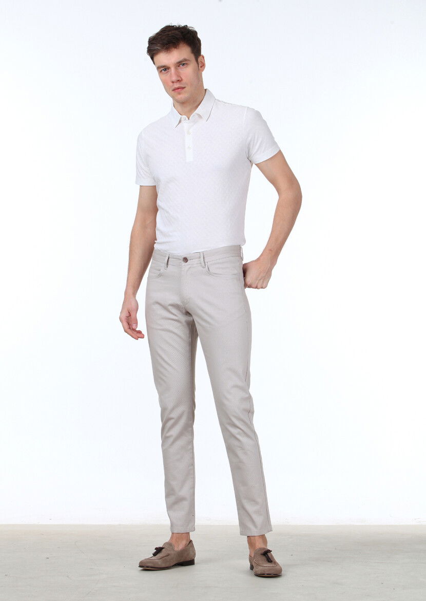 Bej Dokuma Slim Fit Casual Pamuk Karışımlı Pantolon 