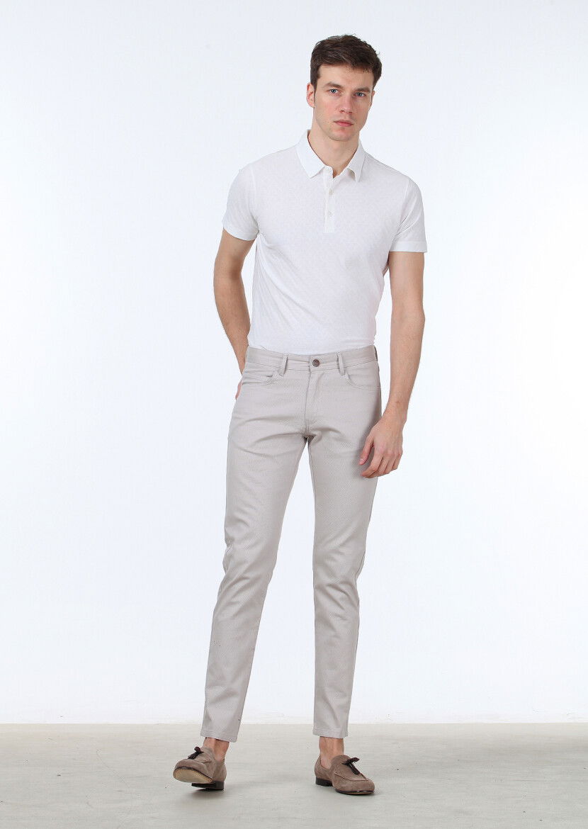 Bej Dokuma Slim Fit Casual Pamuk Karışımlı Pantolon 