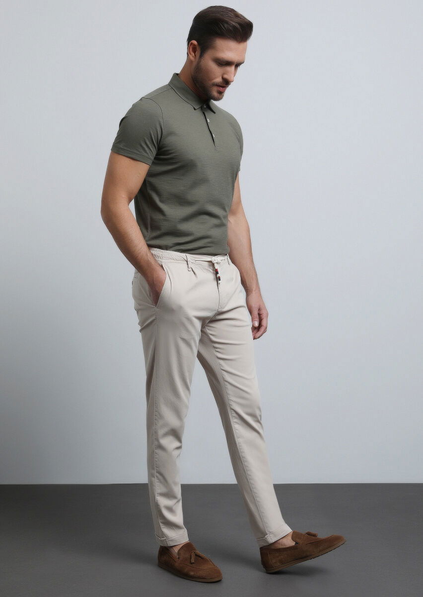 Bej Düz Dokuma Jogging Fit Casual Pamuk Karışımlı Pantolon - 4