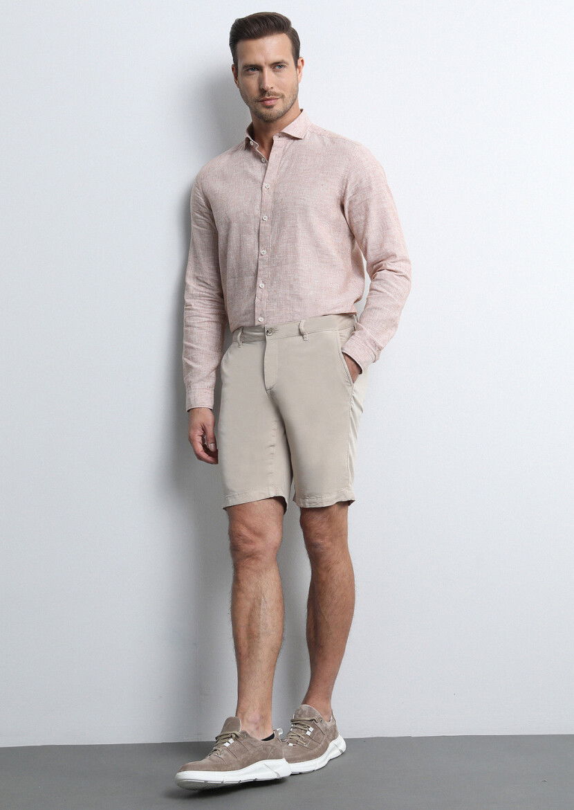 Bej Düz Dokuma Regular Fit Casual Bermuda 