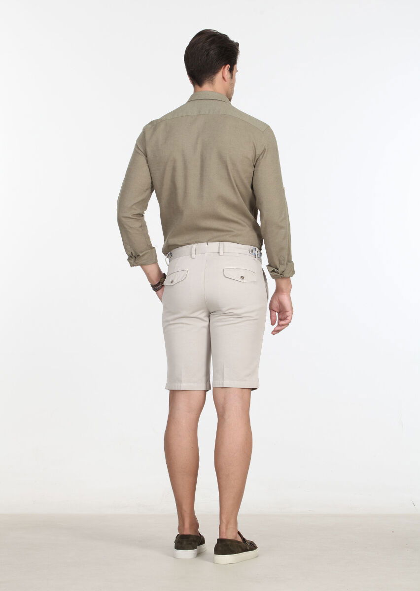 Bej Düz Dokuma Regular Fit Casual Pamuk Karışımlı Bermuda - 4