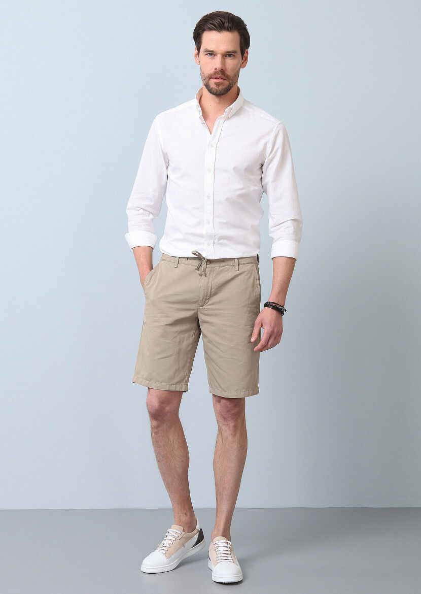 Bej Düz Dokuma Regular Fit Casual Pamuk Karışımlı Bermuda - 3