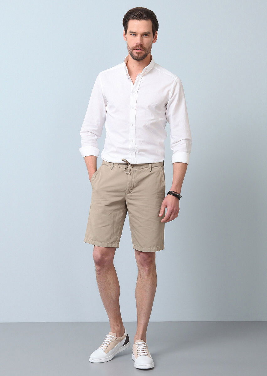 Bej Düz Dokuma Regular Fit Casual Pamuk Karışımlı Bermuda - 3