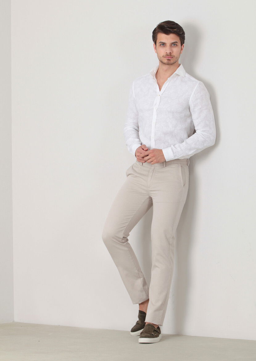 Bej Düz Dokuma Regular Fit Casual Pamuk Karışımlı Pantolon 