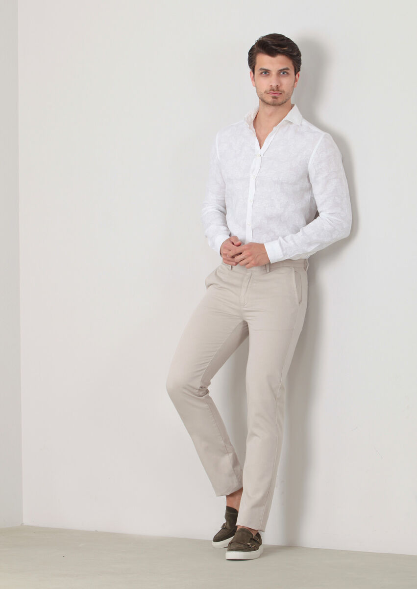 Bej Düz Dokuma Regular Fit Casual Pamuk Karışımlı Pantolon - 1