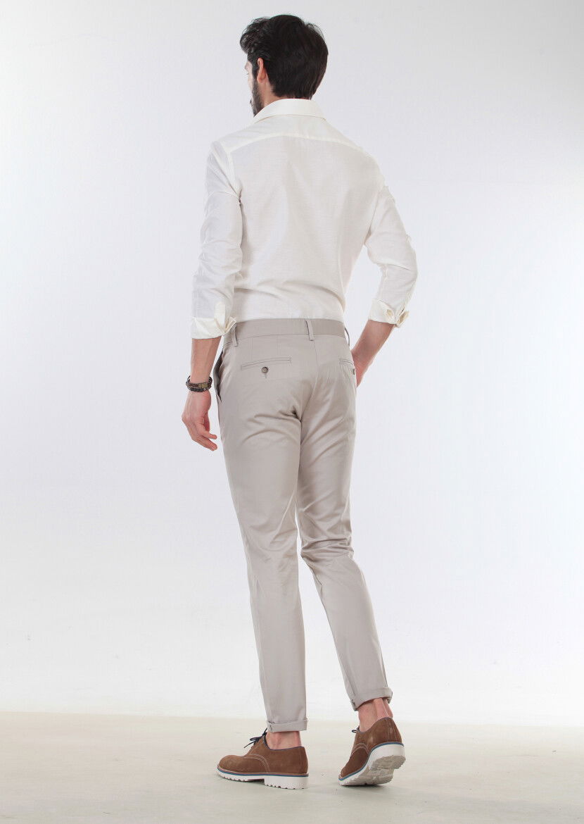 Bej Düz Dokuma Regular Fit Casual Pamuk Karışımlı Pantolon 